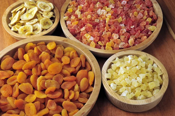 Dried Candied Fruits Wooden Bowls — Stock Photo, Image