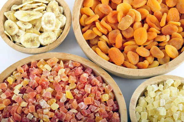 Dried Candied Fruits Wooden Bowls — Stock Photo, Image