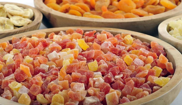 Dried Candied Fruits Wooden Bowls — Stock Photo, Image