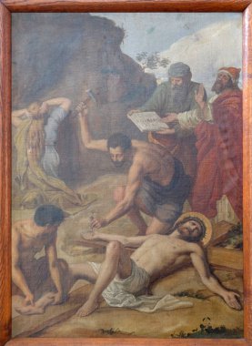 11 istasyonları haç, çarmıha germe: İsa'nın Haç Kilisesi ziyaret Meryem Ana Sisak, Hırvatistan için çivilenmiş