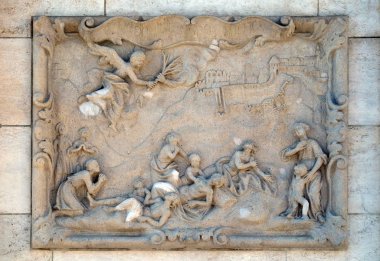 Holy Trinity veba sütunu Budapeşte, Macaristan'da Matthias Kilisesi önünde veba yardım