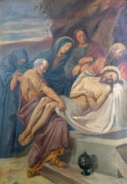 Kreuzweg Jesus Wird Das Grab Gelegt Und Mit Weihrauch Bedeckt — Stockfoto