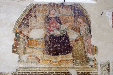 Tahtta Madonna ve çocuk beş melek, Saint Catherine ve bir tapan, fresco, Kilisesi, San Pietro Martire Verona, İtalya