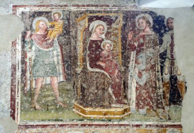 Madonna ve çocuk, Aziz Christopher, Catherine, George ve bir tapan Knight, açık havada yapılan Kilisesi, San Pietro Martire Verona, İtalya için baş tacı