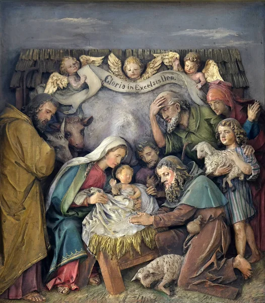 Birth Jesus Adoration Shepherds Relief Church Saint Martin Zagreb Croatia — Stock Photo, Image