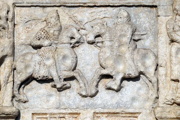 Knights Fight Horseback Lance Shield Medieval Relief Facade Basilica San — Stock Photo, Image