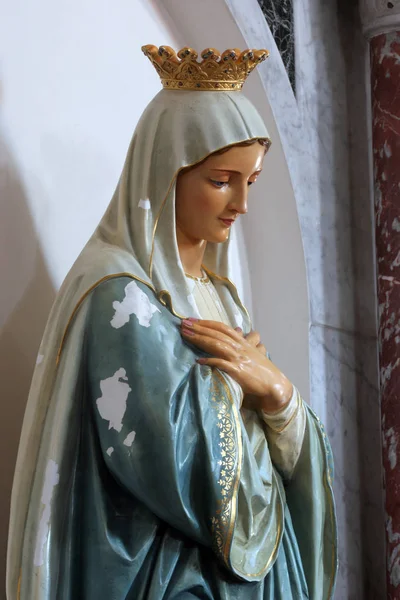 圣母玛利亚 克罗地亚科尔库拉岛布莱托所有圣徒教堂祭坛上的雕像 — 图库照片