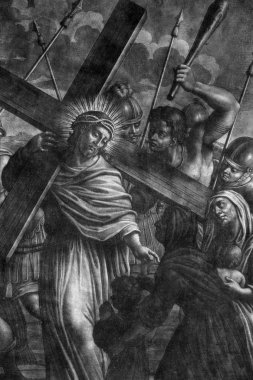 8 istasyonları haç, İsa'nın Kudüs, Blato, Island Korcula, Hırvatistan, All Saints Kilisesi kızları karşılamaktadır.