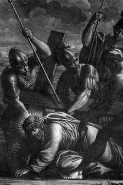 9 istasyonları haç, İsa'nın üçüncü kez, Blato, Island Korcula, Hırvatistan, All Saints Kilisesi düşüyor.