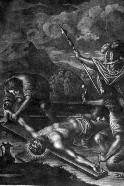 11 istasyonları haç, çarmıha germe: İsa'nın Haç, Blato, Island Korcula, Hırvatistan, All Saints Kilisesi çivilenmiş