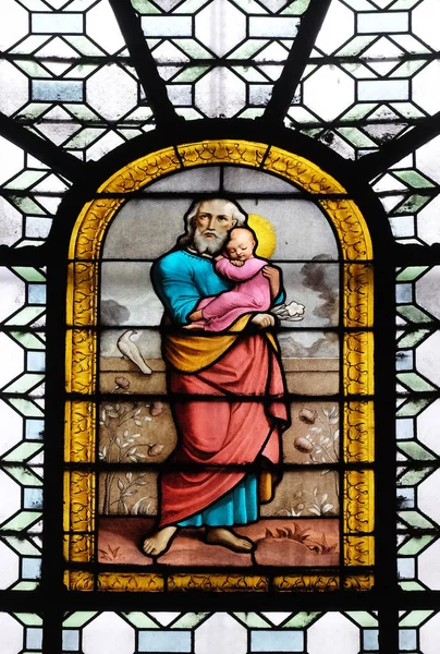 Saint Joseph Innehav Barnet Jesus Blyinfattade Fönster Saint Sulpice Kyrkan — Stockfoto