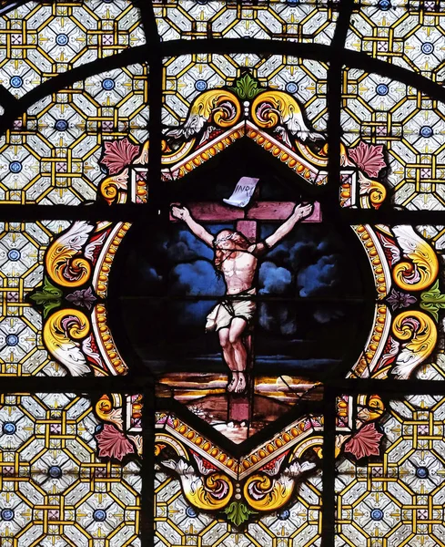 Jesus Christ Cross Stained Glass Window Saint Sulpice Church Paris — Stock Photo, Image