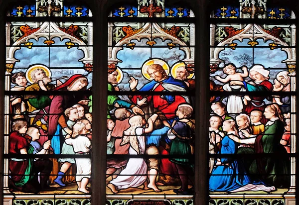 Jesus Venn Små Barn Glassmaleri Kirken Severin Paris Frankrike – stockfoto