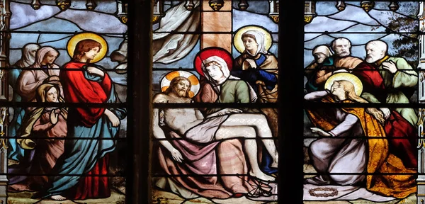 Pieta Obarví Skleněná Okna Saint Severin Kostel Paříži — Stock fotografie