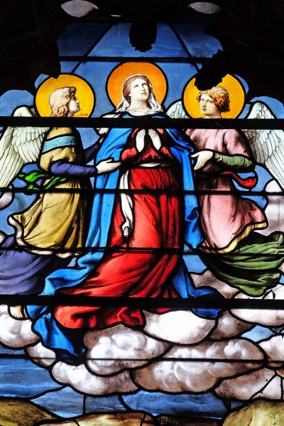 Antagelse Jomfru Maria Glassmaleri Kirken Severin Paris Frankrike – stockfoto