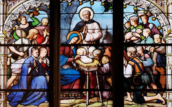 Doğum Sahnesi Çobanlar Hayranlığı Lekeli Cam Pencere Saint Severin Kilisesi — Stok fotoğraf