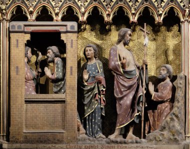 Girift oyma ve boyalı friz Notre Dame Katedrali görünüm Peter ve John, UNESCO Dünya Miras Listesi Paris, Fransa'da tasvir içinde 