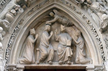 Taç giyme töreni Meryem Ana, Portal kuzey cephesinde, Notre Dame Katedrali Notre Dame, Paris, UNESCO Dünya Miras Listesi Paris, Fransa 