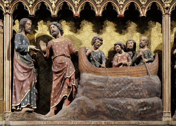 Intricately Carved Painted Frieze Notre Dame Cathedral Depicting Appearance Apostles — Stock Photo, Image