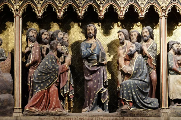 Friso Esculpido Pintado Intricavelmente Dentro Catedral Notre Dame Representando Aparência — Fotografia de Stock