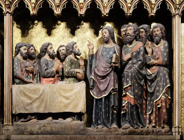 Intricately Carved Painted Frieze Notre Dame Cathedral Depicting Appearance Apostles — Stock Photo, Image