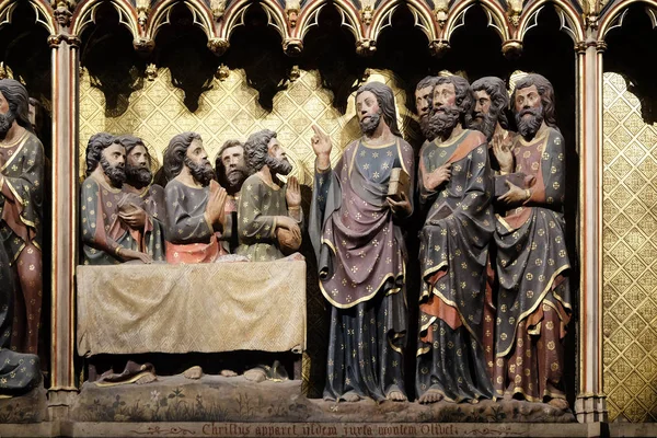 Intricately Carved Painted Frieze Notre Dame Cathedral Depicting Appearance Apostles — Stock Photo, Image