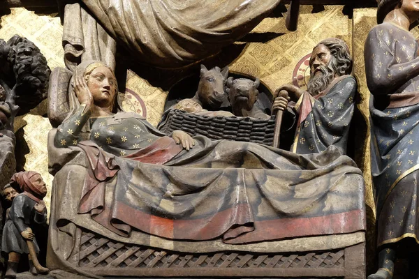 Složitě Vyřezávané Malované Vlys Uvnitř Katedrály Notre Dame Zobrazující Narození — Stock fotografie