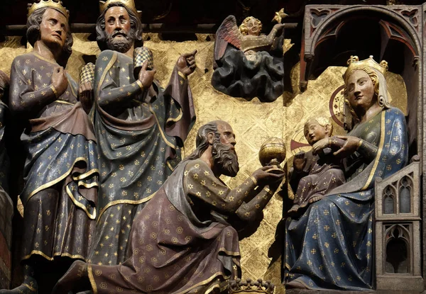 Intricately Carved Painted Frieze Notre Dame Cathedral Depicting Adoration Magi — Stock Photo, Image