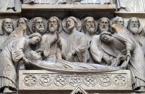 Smrt Panny Marie Portál Panny Katedrála Notre Dame Paříž Světového — Stock fotografie