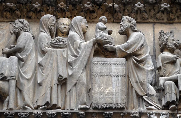 Presentation Jesus Temple Portal North Facade Notre Dame Cathedral Paris — Stock Photo, Image