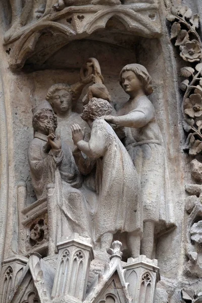 Estátuas Portal Fachada Norte Catedral Notre Dame Paris Patrimônio Mundial — Fotografia de Stock
