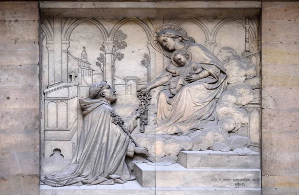 Virgin Giving Rosary Saint Dominic Theodore Charles Gruyere Relief Portal — Stock Photo, Image