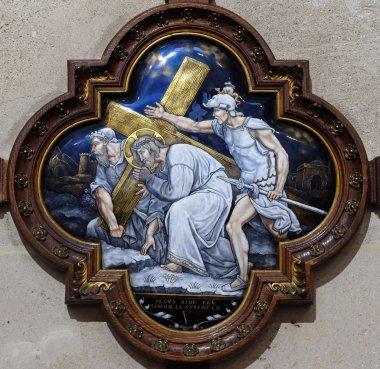 5 istasyonları haç, Simon Cyrene taşır çapraz, St Francis Xavier'ın Kilisesi Paris, Fransa