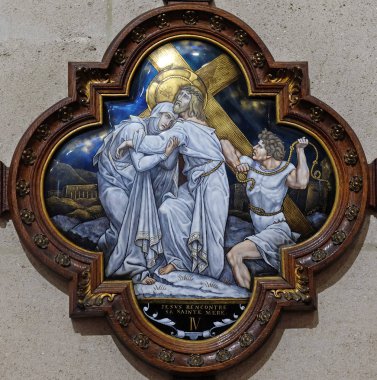 4 istasyonları haç, İsa onun annesi, Paris, Fransa, St Francis Xavier'ın kilisede karşılamaktadır.