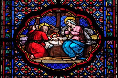 Doğum sahnesi, vitray pencere Basilica of Saint Clotilde Paris, Fransa 