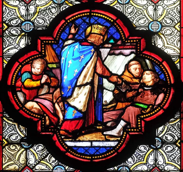 Saint Louis Attending Plague Victims Stained Glass Window Basilica Saint — Stock Photo, Image