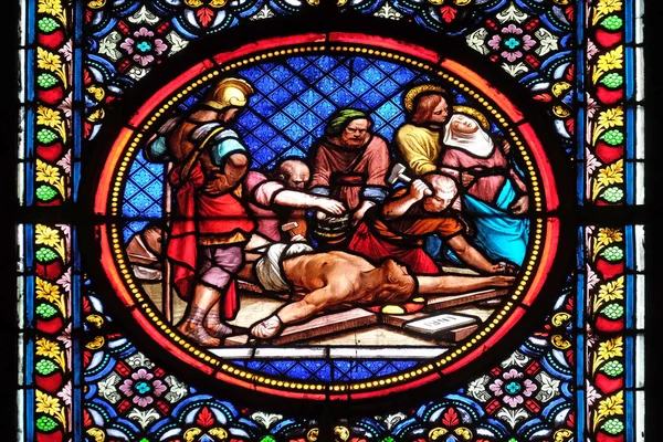 Crucifixion Stained Glass Window Basilica Saint Clotilde Paris France — Stock Photo, Image