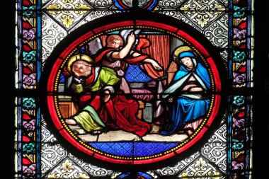 Saint Joseph ilk rüya, Vahiy kutsal ruh, Basilica Saint Clotilde Paris, Fransa'da vitray penceresinde çalışma 