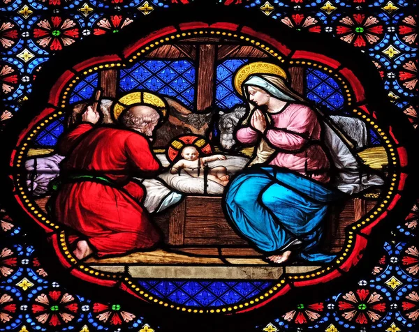 Kerststal Glasraam Basiliek Van Saint Clothilde Parijs Frankrijk — Stockfoto