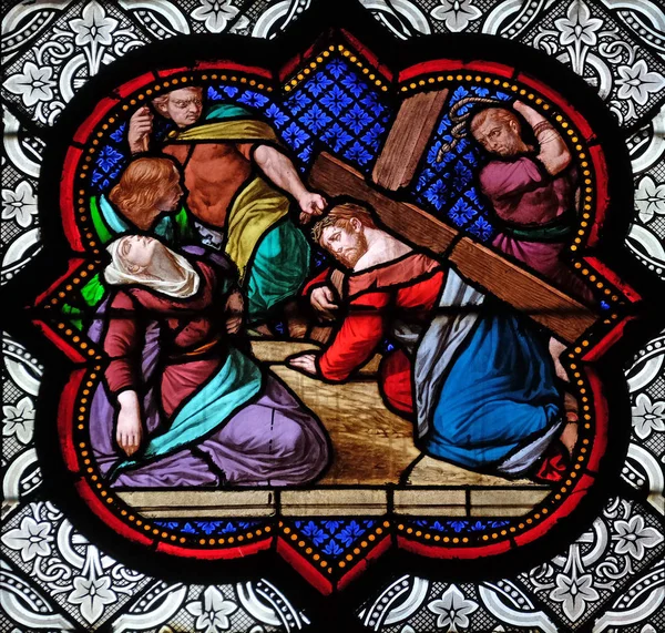 Climb Calvary Stained Glass Window Basilica Saint Clotilde Paris France — Stock Photo, Image