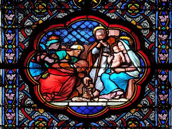 Doğum Sahnesi Magi Hayranlığı Lekeli Cam Pencere Basilica Saint Clotilde — Stok fotoğraf