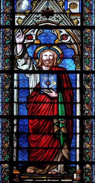 Christ Blessing Stained Glass Window Basilica Saint Clotilde Paris France — Stock Photo, Image