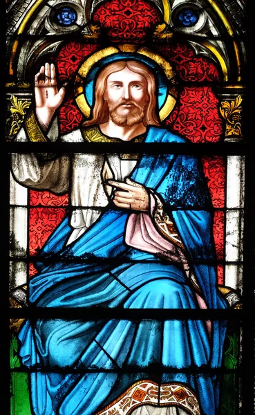 Christ Blessing Stained Glass Window Basilica Saint Clotilde Paris France — Stock Photo, Image