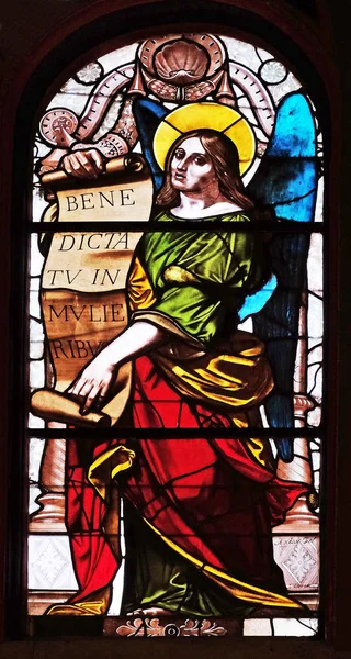 Archanděl Gabriel Zvěstování Panny Marie Obarví Skleněná Okna Kostele Saint — Stock fotografie