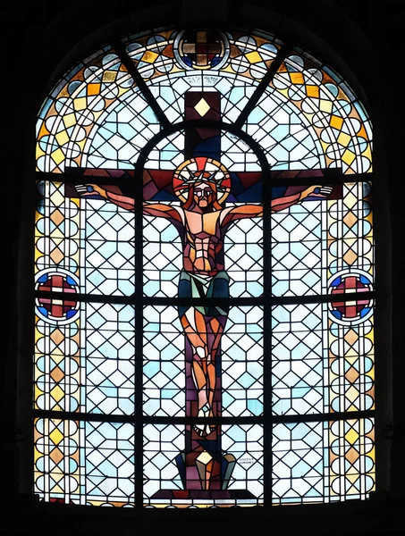 Jesus Cruz Vitral Notre Dame Des Blancs Manteaux Paris França — Fotografia de Stock