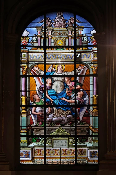 Wniebowzięcia Najświętszej Maryi Panny Witraże Kościele Saint Laurent Paryż Francja — Zdjęcie stockowe
