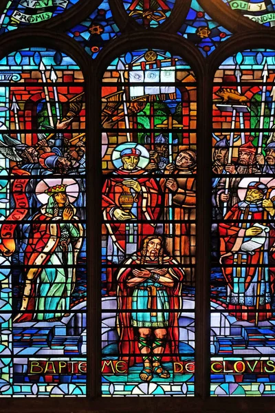 Baptême Clovis Vitraux Dans Église Saint Laurent Paris France — Photo