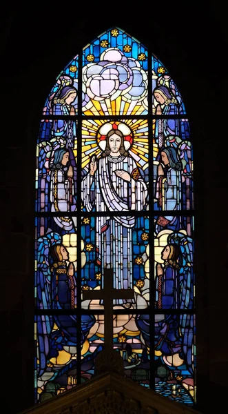 Zafer Mesih Lekeli Cam Pencere Saint Laurent Kilisesi Paris Fransa — Stok fotoğraf