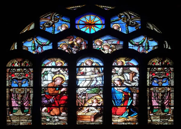 Kerststal Glasraam Saint Eustache Kerk Parijs Frankrijk — Stockfoto