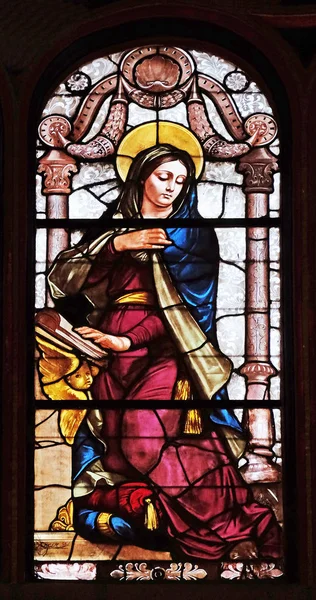 Zvěstování Panny Marie Obarví Skleněná Okna Kostele Saint Eustache Paříž — Stock fotografie